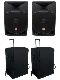 (2) Rockville RPG15 15" Powered 1000 Watt DJ PA Speakers+(2) Rolling Travel Bags