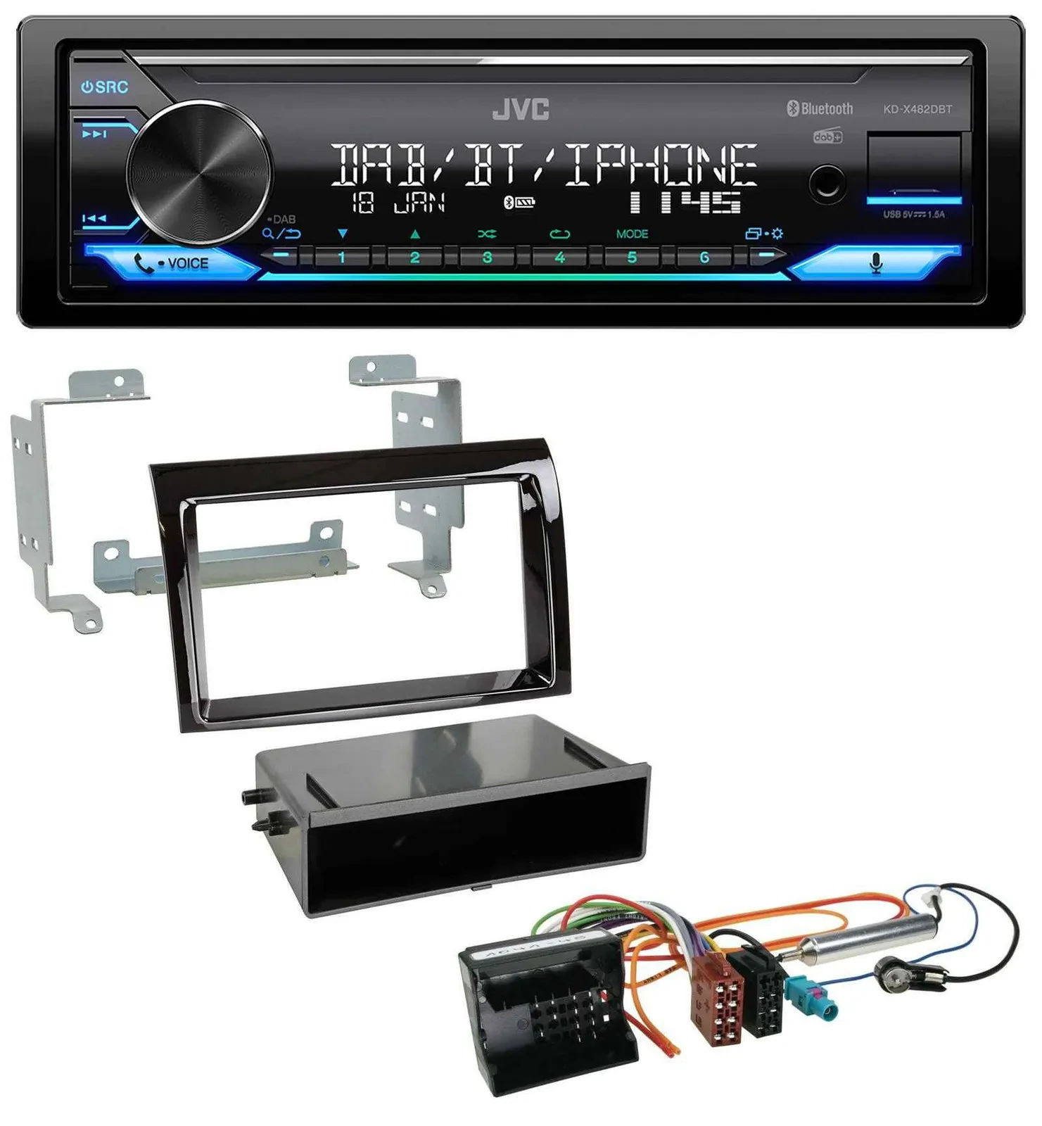 Автомагнитола JVC Bluetooth DAB USB MP3 для Citroen Jumper (2006–2011), Quadlock, черный (piano black)