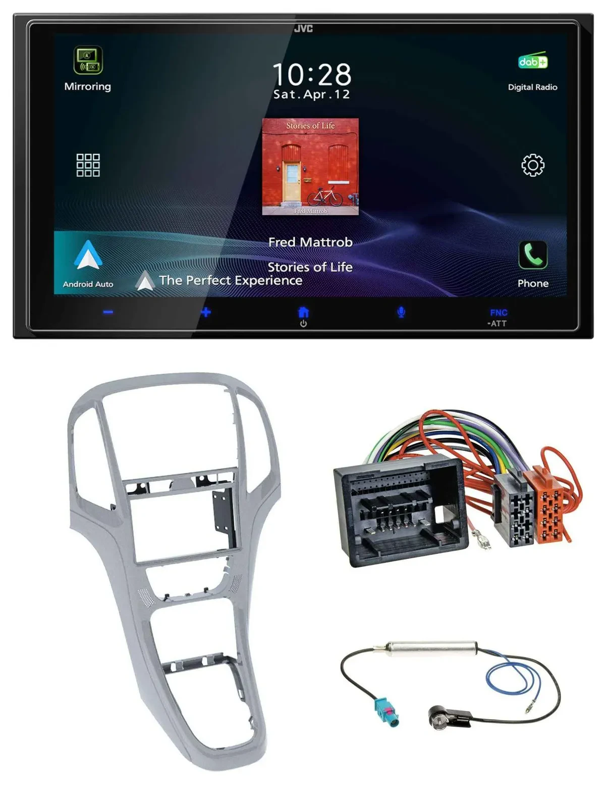 Автомагнитола JVC 2-DIN, USB, Bluetooth, DAB, MP3, для Opel Astra J (с 2009), платиновый серебристый