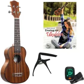 KORN Premium Mahagoni Sopran-Ukulele mit Bag, Buch, Stimmgerät + Kapodaster Neu