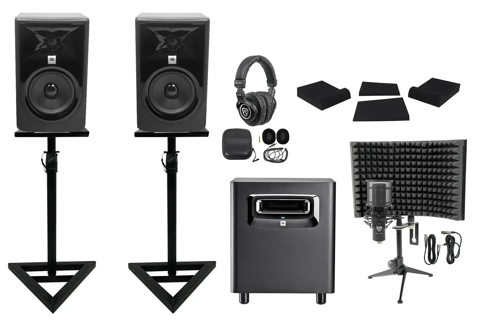 2 JBL 306P MkII 6" Active Studio Monitors+Stands+Subwoofer+Headphones+Mic+Shield
