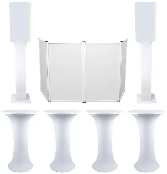 4) Club Scene Highboy Tables+White 12" Speaker Scrims+DJ Facade+2) Totem Stands