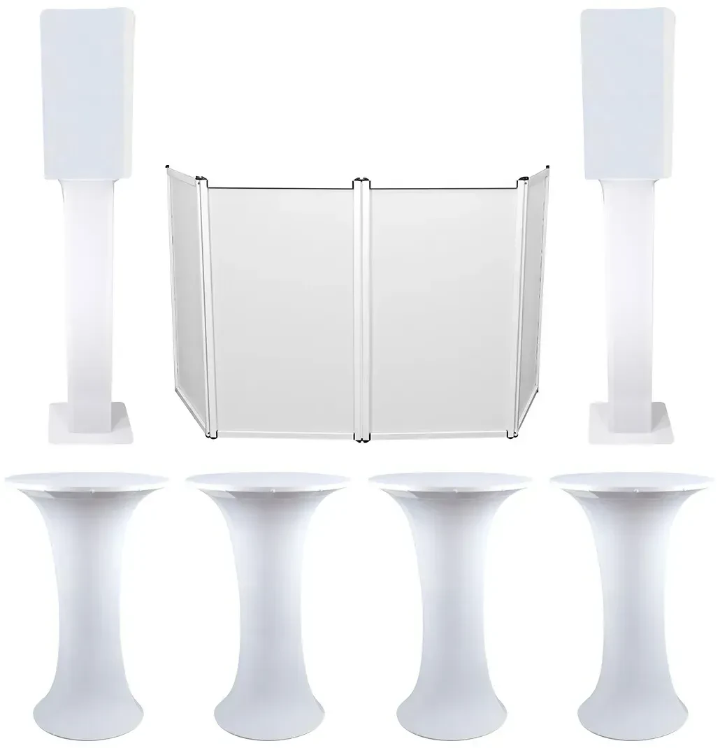Комплект светового оборудования для DJ American DJ (4) Decor Cocktail Table+RFAAW+RTP+RSC (набор) 4 Club Scene Highboy Tables, White 12" Speaker Scrims, DJ Facade, 2 Totem Stands