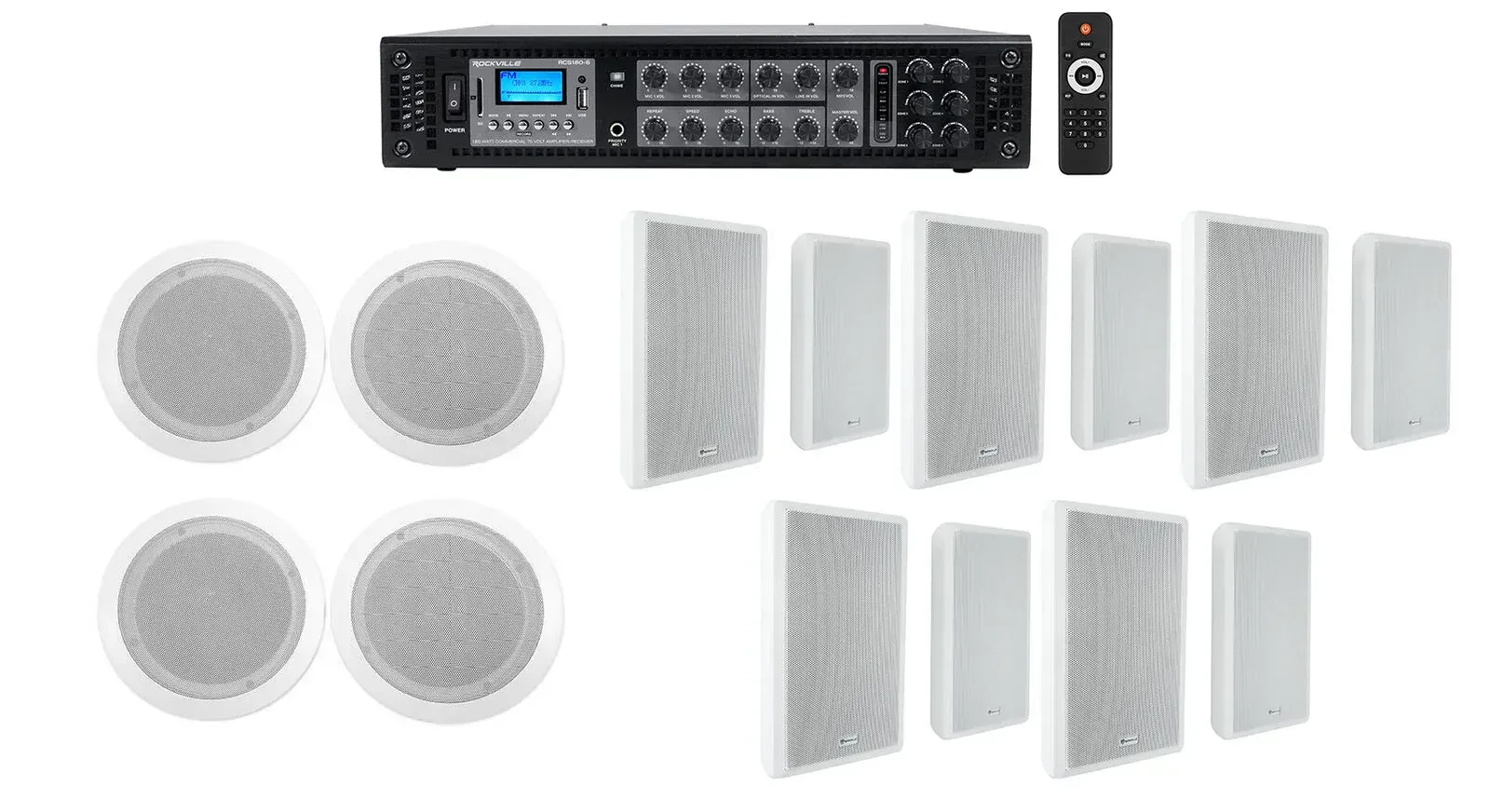 Усилитель мощности Rockville RCS180-6+2) CC65T White+5) Rock Slim 70w с комплектом акустики