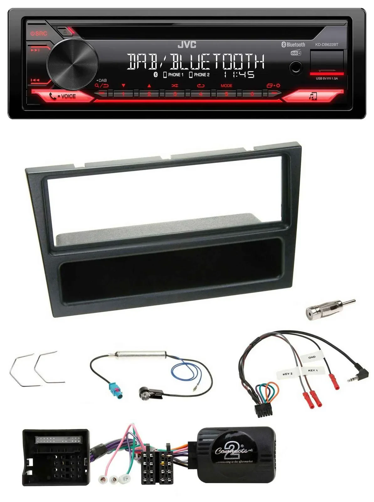 Автомагнитола JVC CD/DAB/USB/Bluetooth для Opel Corsa C (2004–2006), черная, поддержка кнопок на руле