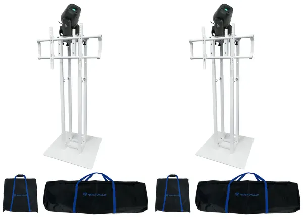 (2) Rockville ROCK SPOT 260W DJ Moving Head Spot Lights+White Totem/TV Stands