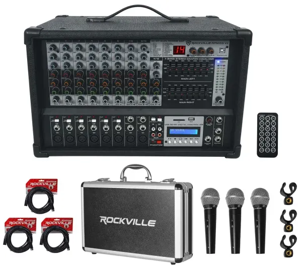 Rockville RPM109 12 Channel 4800w Powered Mixer EQ/Effects/USB+Mics+Case+Cables