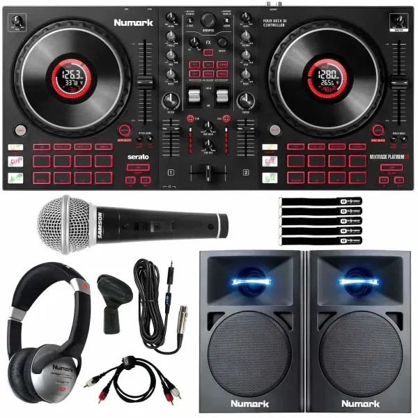 Numark Mixtrack Platinum FX 4-Deck Serato DJ Controller w Monitors Starter Pack