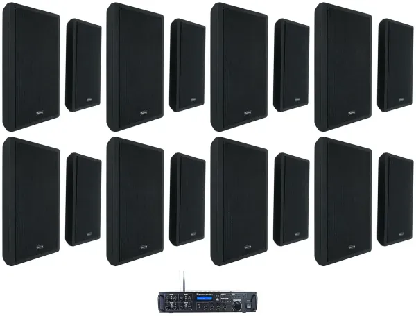 Rockville Rock Zone 8 Ch. Receiver+(16) Black Slim Wall Speakers For Restaurant