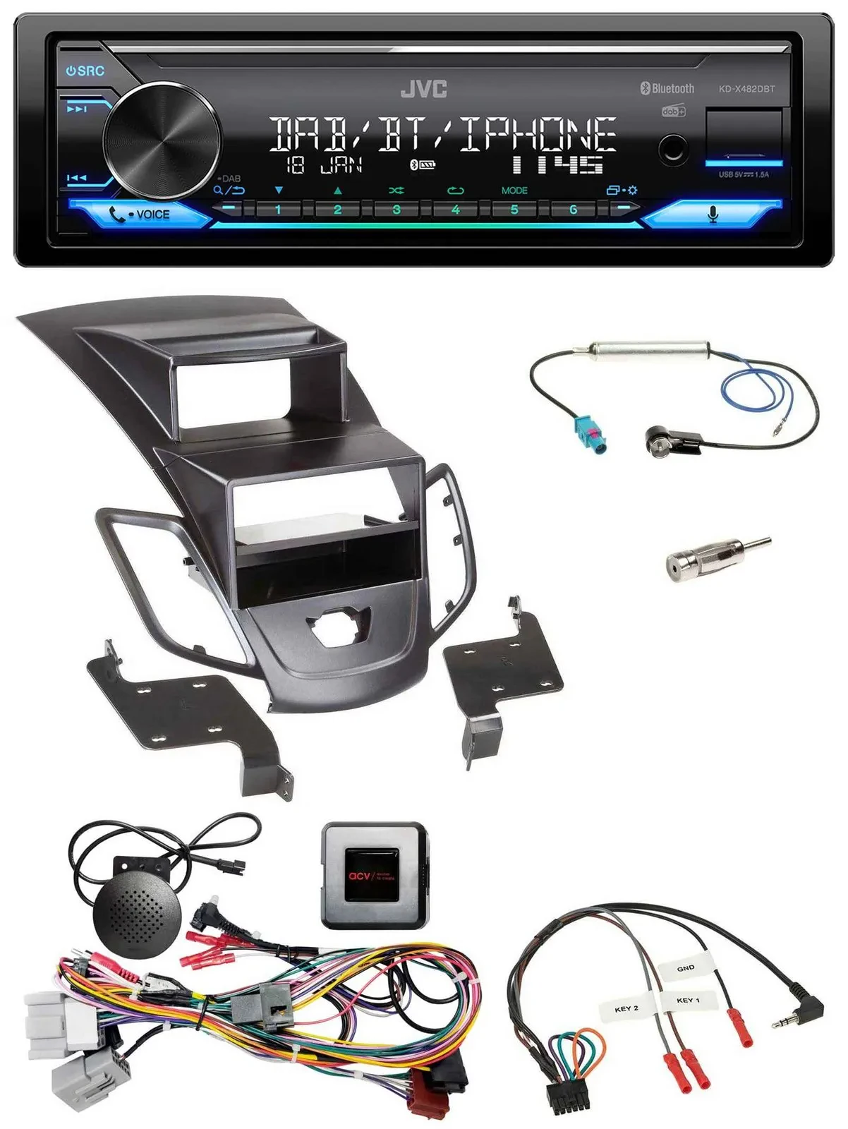 JVC Bluetooth DAB USB Lenkrad Autoradio für Ford Fiesta 10-13 Display schwarz