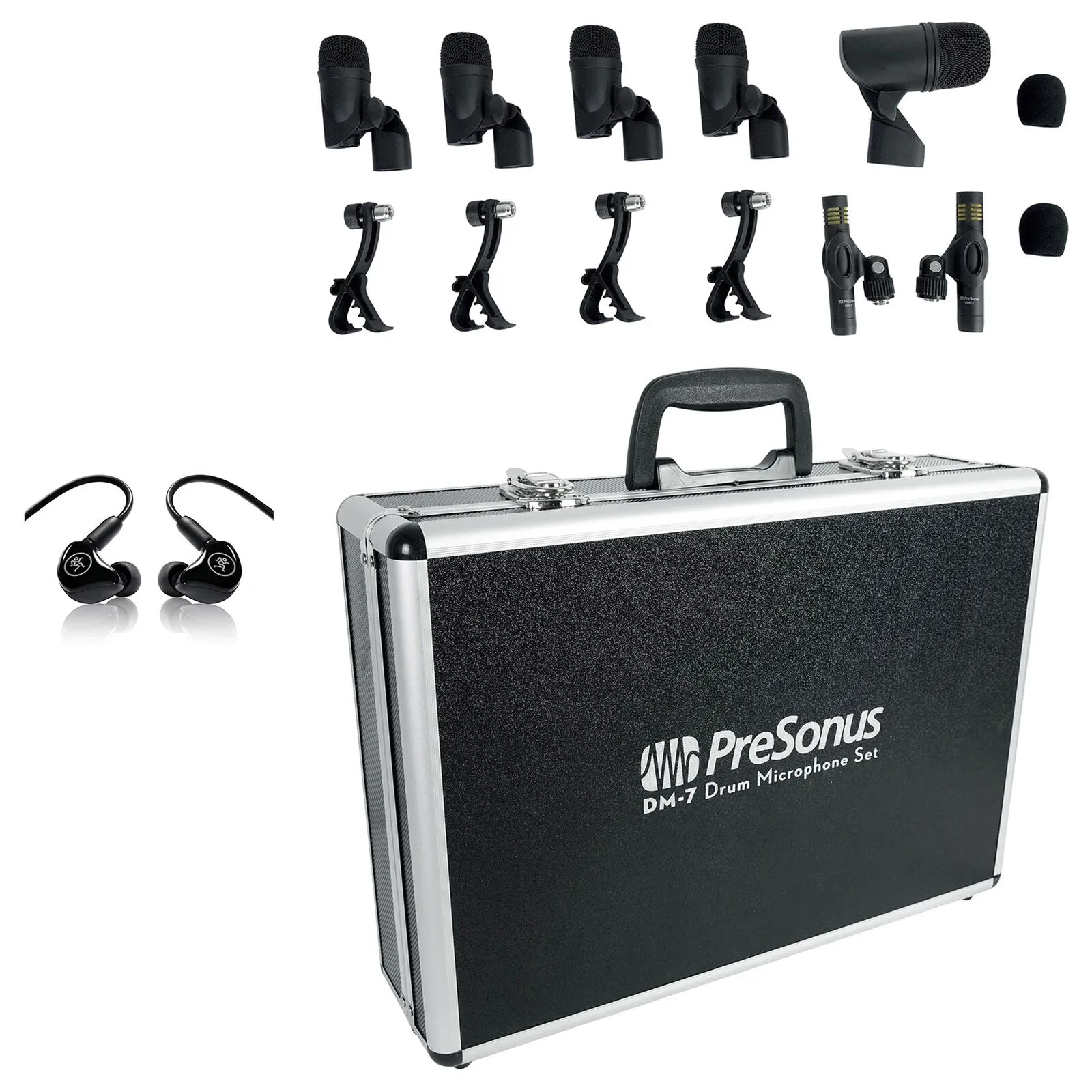 PRESONUS DM-7 Seven-Piece Drum Microphone Kit 7 Drum Mics w/Case+Mackie Monitors