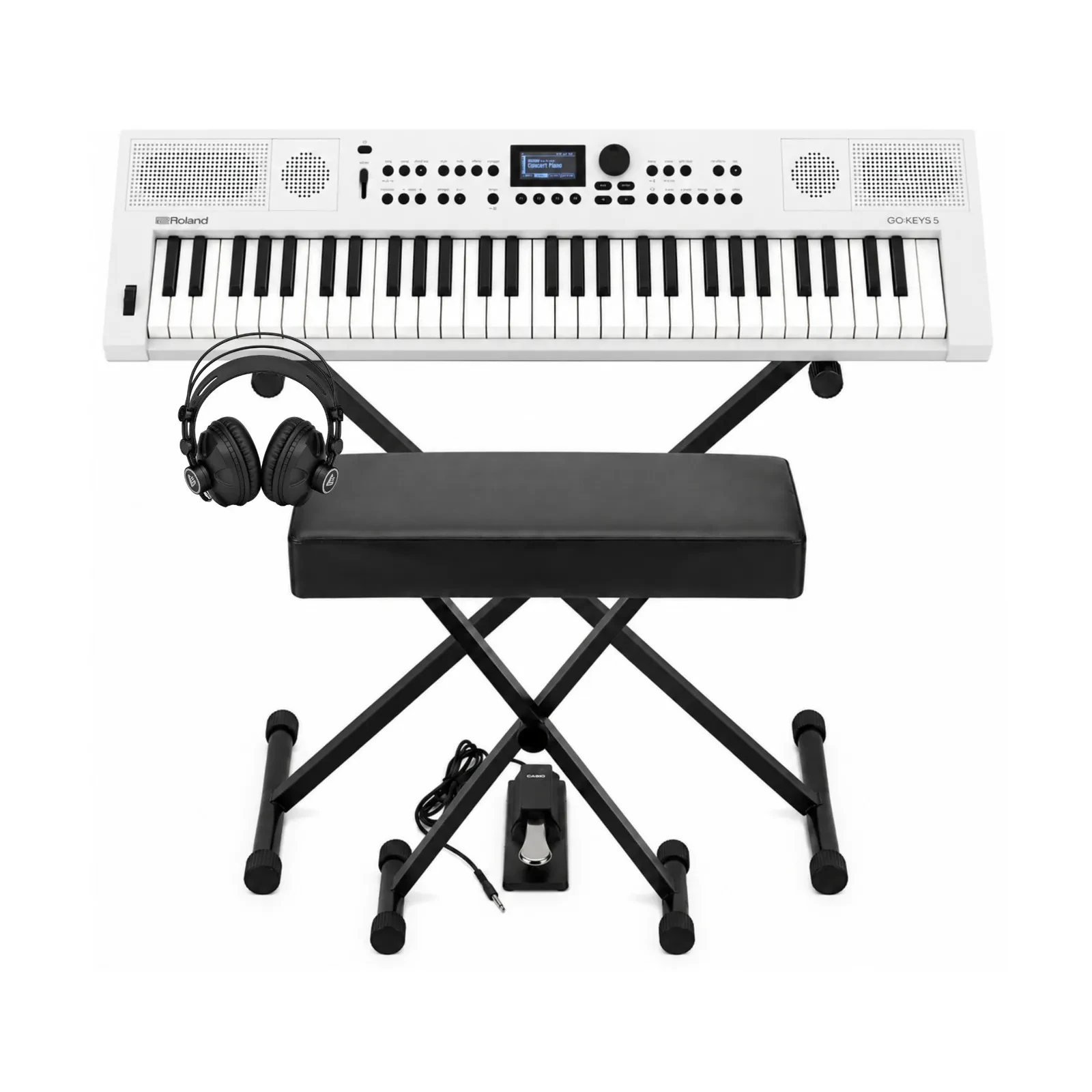Цифровой синтезатор Roland GO:KEYS 5, белый, со стойкой, банкеткой, педалью и наушниками