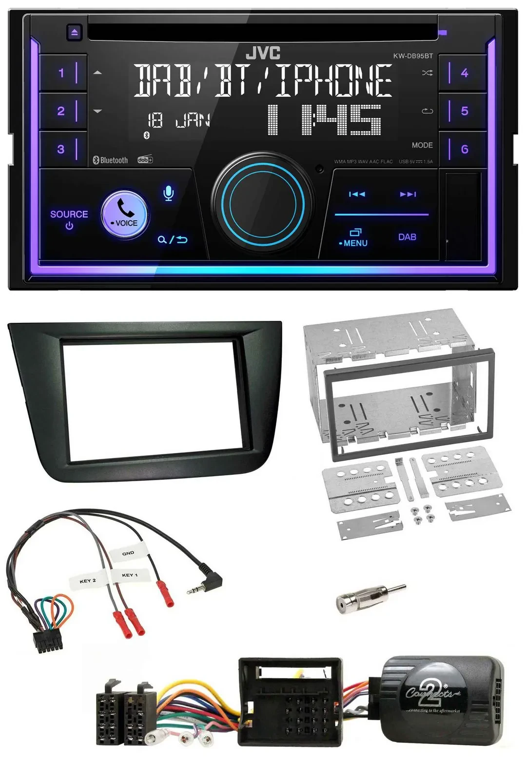 JVC Lenkrad USB 2DIN DAB Bluetooth CD Autoradio für Seat Altea Toledo schwarz