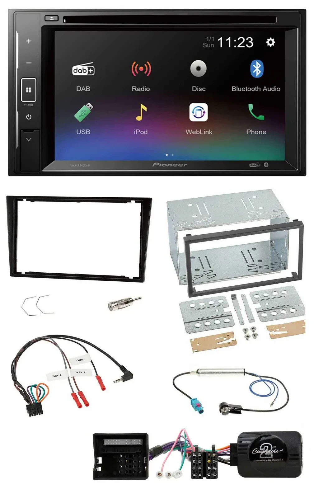 Автомагнитола Pioneer 2 DIN Bluetooth DAB DVD USB для Opel Corsa C, с управлением на руле, чёрный