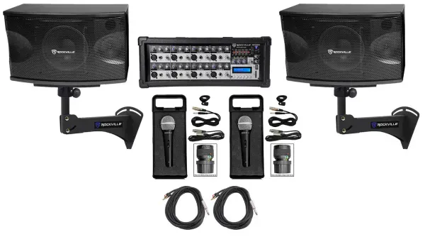 2) Rockville KPS80 8" 3-Way 800w Karaoke Speakers+Mixer+Wall Mount Brackets+Mics