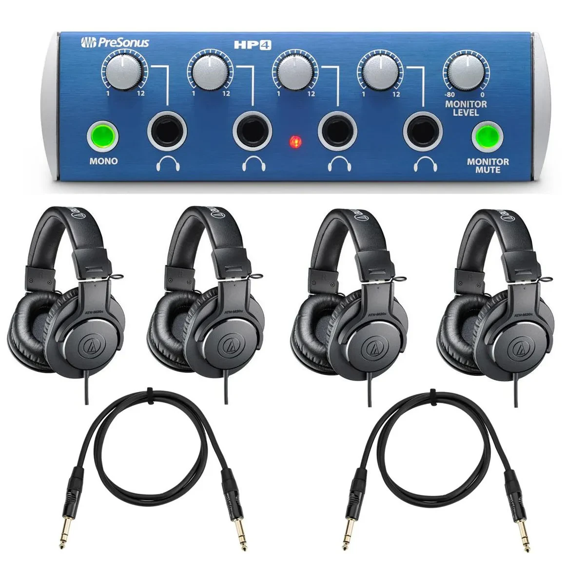 PreSonus HP4 4-Ch Headphone Distribution Amplifier, Bundle With 4 Pack Audio-Tec