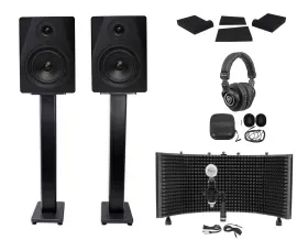 2 Rockville DPM5B 5.25" 300w Active Studio Monitors+Stands+Headphones+Mic+Shield