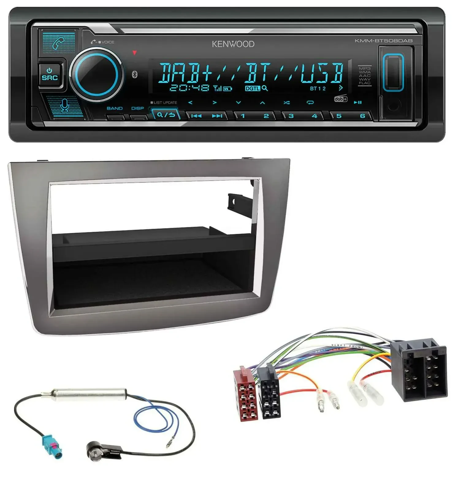 Автомагнитола для Alfa Romeo MiTo (955, 2008–2014) Kenwood Bluetooth, DAB, USB, MP3, ISO, темная