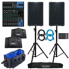 QSC CP8 8" Powered DJ PA Speakers Pair w Yamaha MG10XU Mixer Karaoke Band Pack