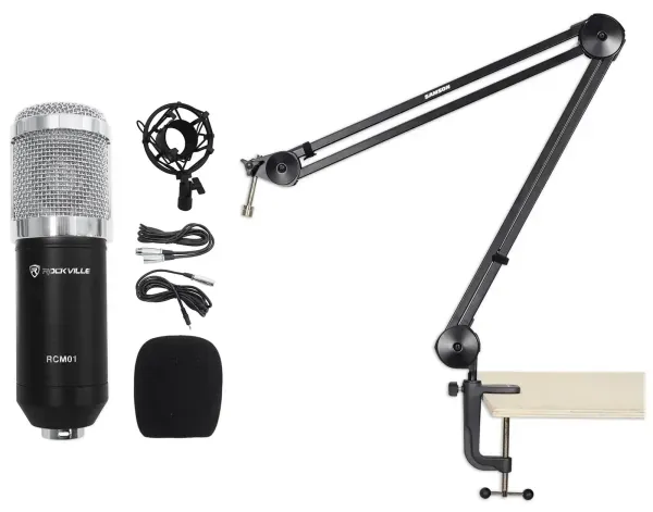 Rockville Studio Recording Condenser Microphone+Boom Arm+Desk Clamp+Shock Mount