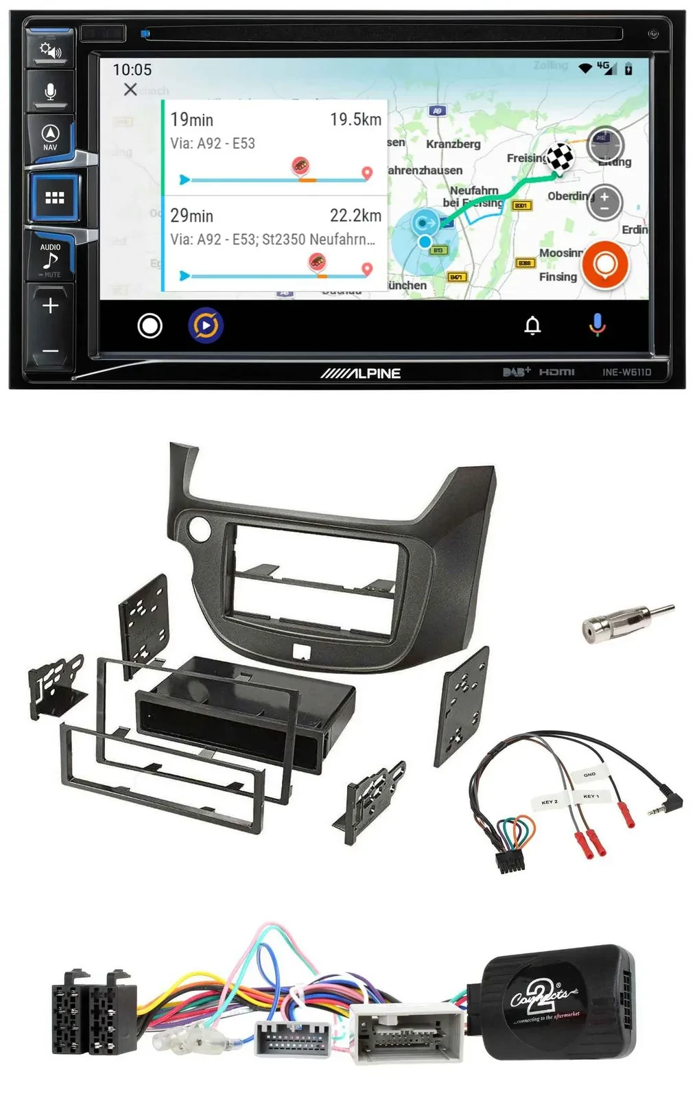 Alpine Bluetooth TMC USB DAB 2DIN Lenkrad Navigation für Honda Jazz ab 14 dunkel