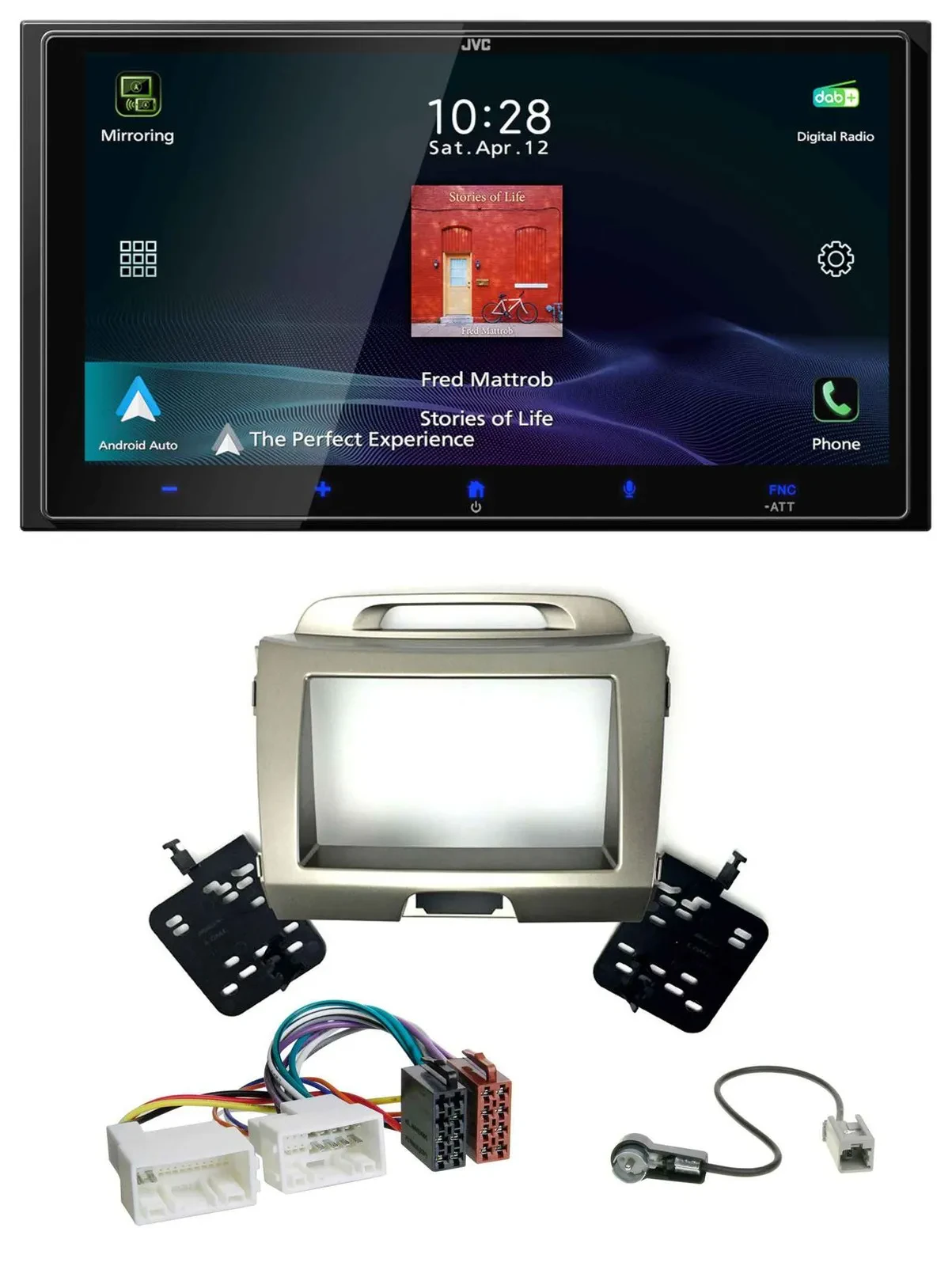 Автомагнитола для Kia Sportage 3 (2010–2015) JVC 2 DIN, USB, Bluetooth, DAB, MP3, серебристая