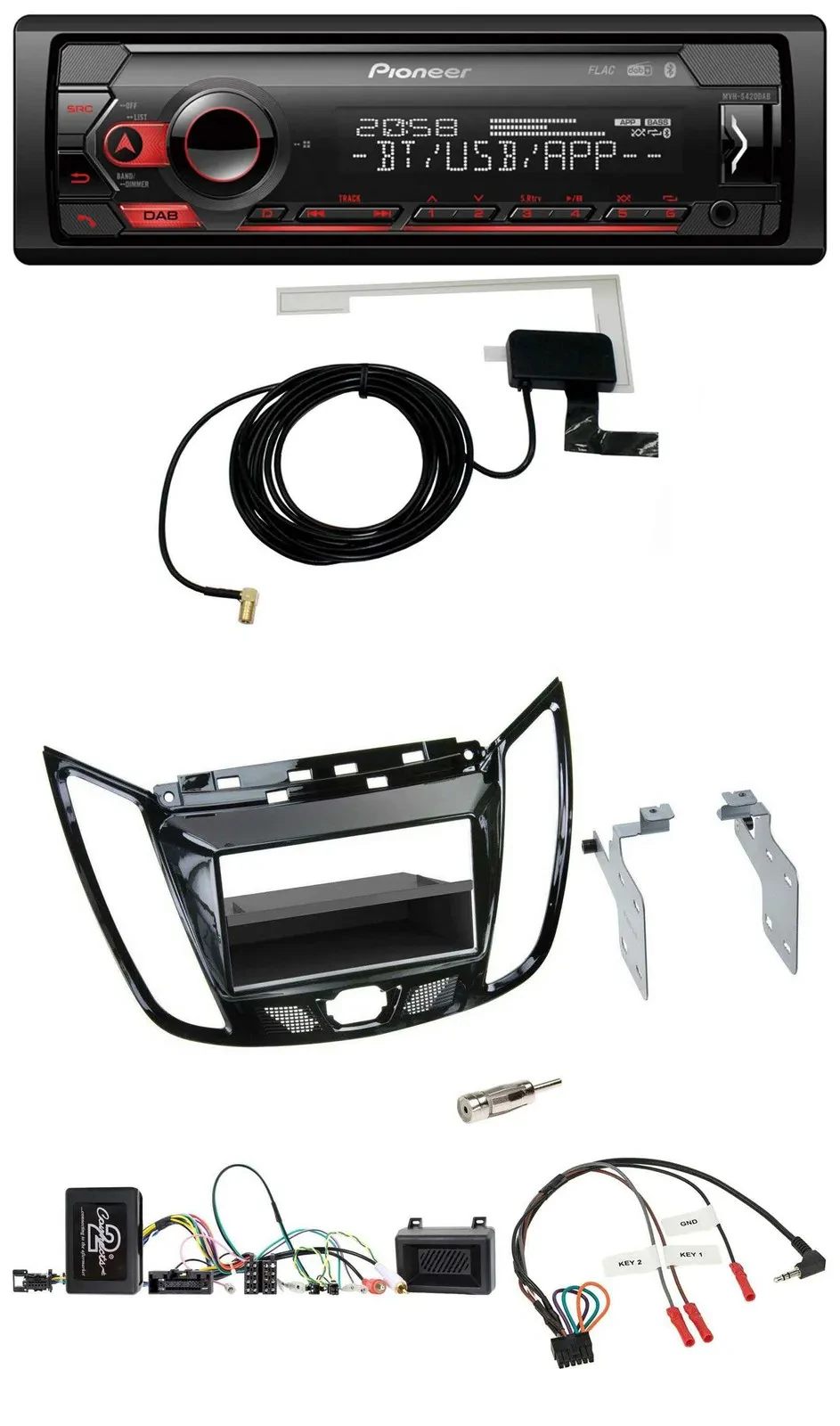 Автомагнитола Pioneer для Ford C‑Max и Kuga DAB, USB, Bluetooth, поддержка кнопок на руле, черный (рояльный лак)