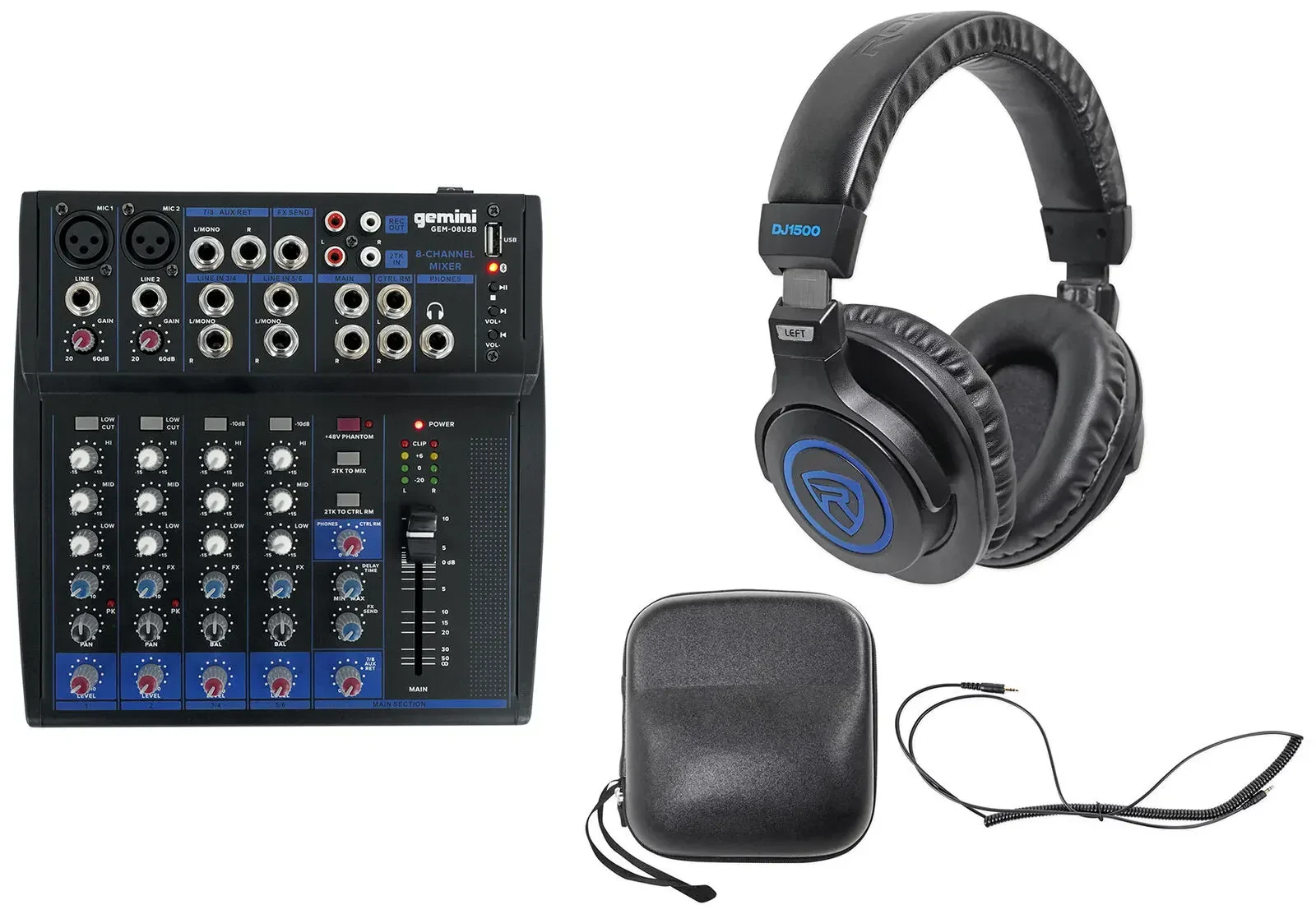 Микшерный пульт Gemini GEM-08USB 8-канальный, Bluetooth, USB, 2-bus, эквалайзер 3-полосный (набор, с наушниками DJ1500)