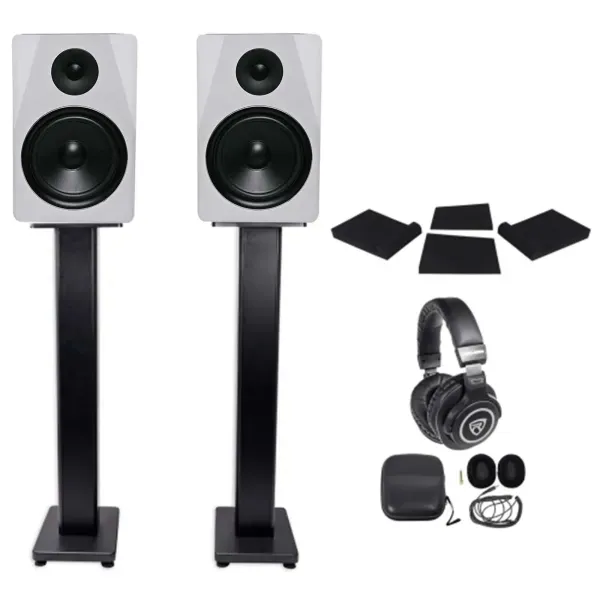 Pair Rockville APM8W 8" 500W Powered Studio Monitors+Stands+Pads+Headphones