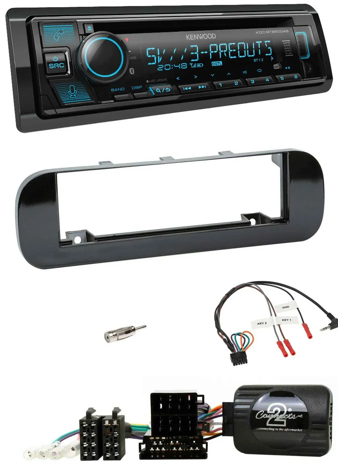 Kenwood Bluetooth USB CD Lenkrad DAB Autoradio für Fiat Panda 12-20 schwarz glän