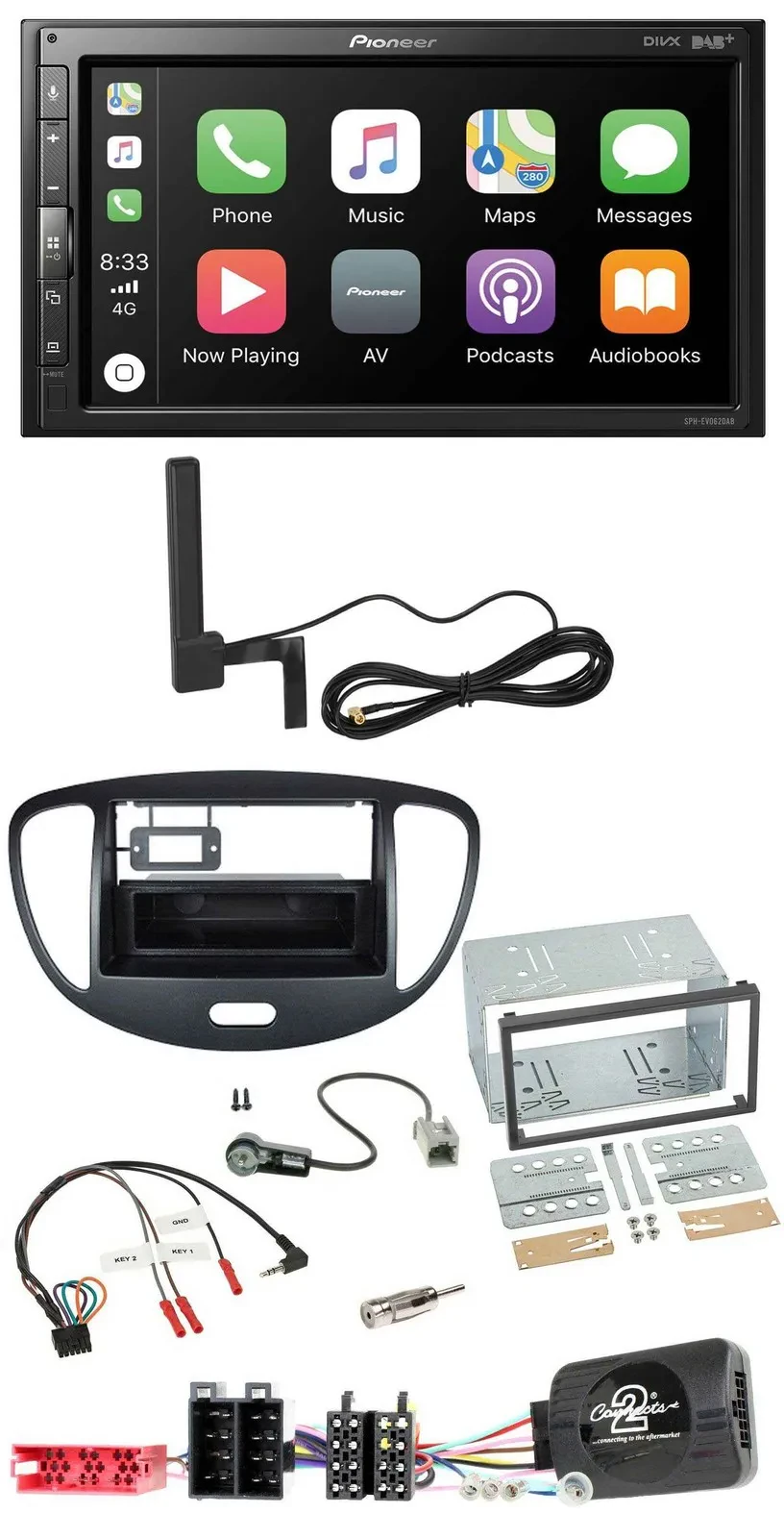 Автомагнитола для Hyundai i10 (2009–2013) Pioneer 2DIN, USB, Bluetooth, DAB, поддержка управления на руле, черная