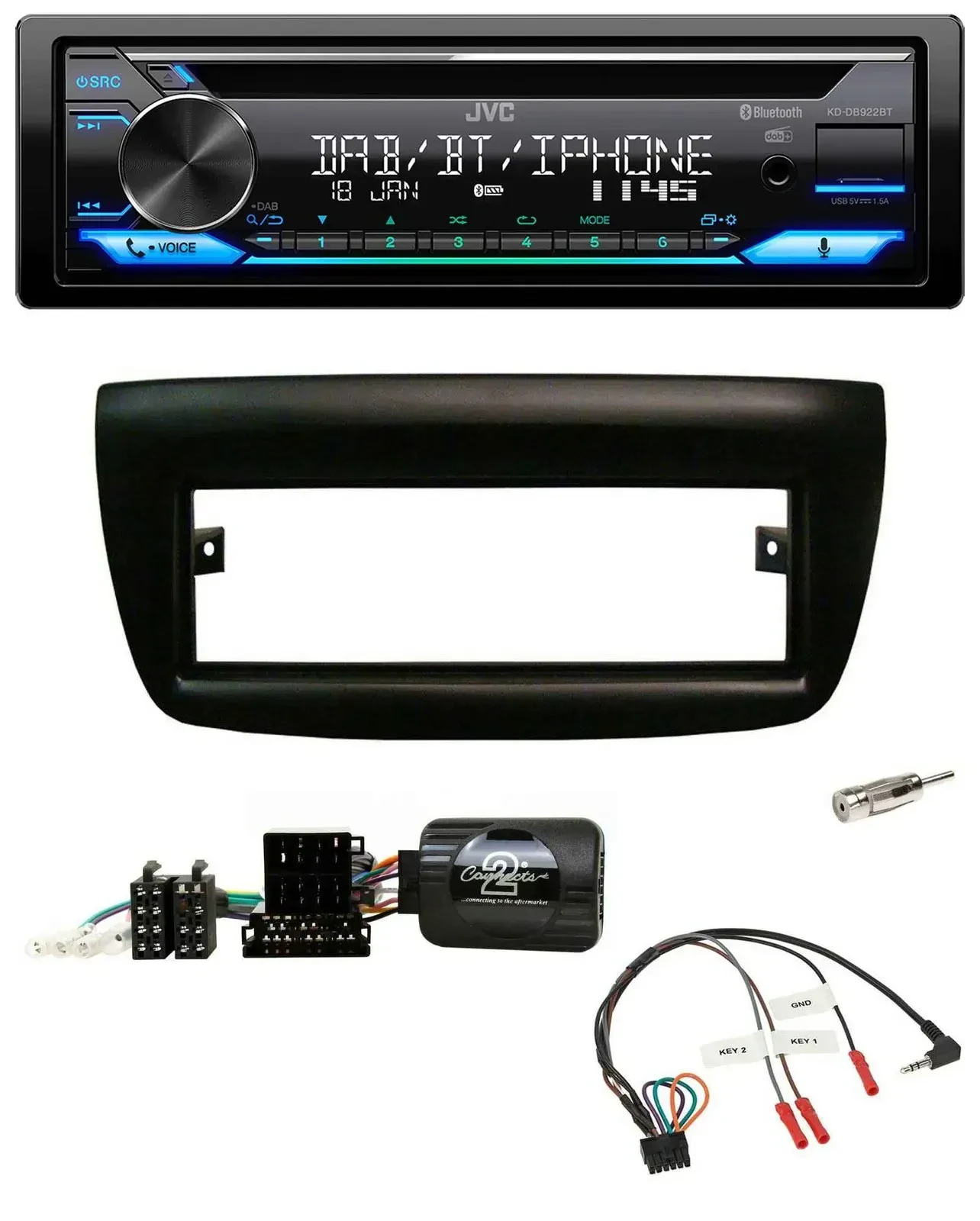 Автомагнитола JVC Bluetooth, USB, DAB, CD для Fiat Doblo 2012–2015, черная