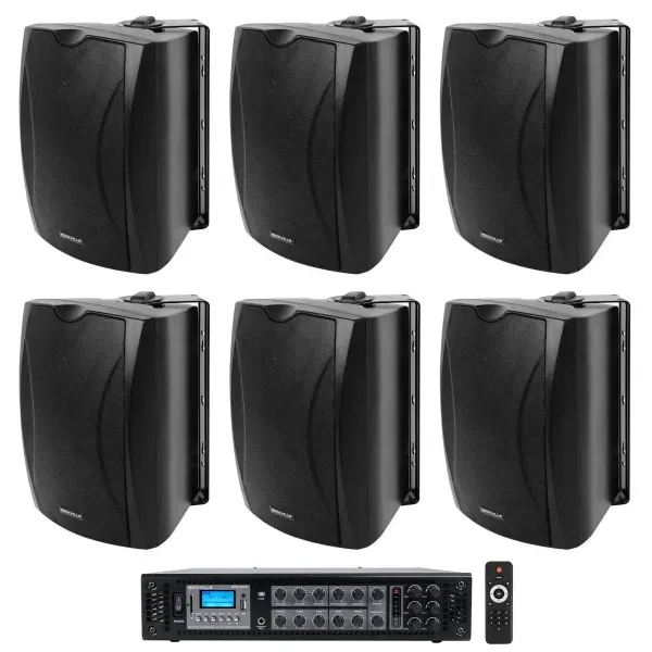 (6) Black 5.25" Commercial Wall Speakers+Receiver For Restaurant/Office/Cafe/Bar