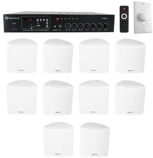 Rockville Commercial Restaurant Amp+10) White 3.5" Cube Speakers+Wall Controller