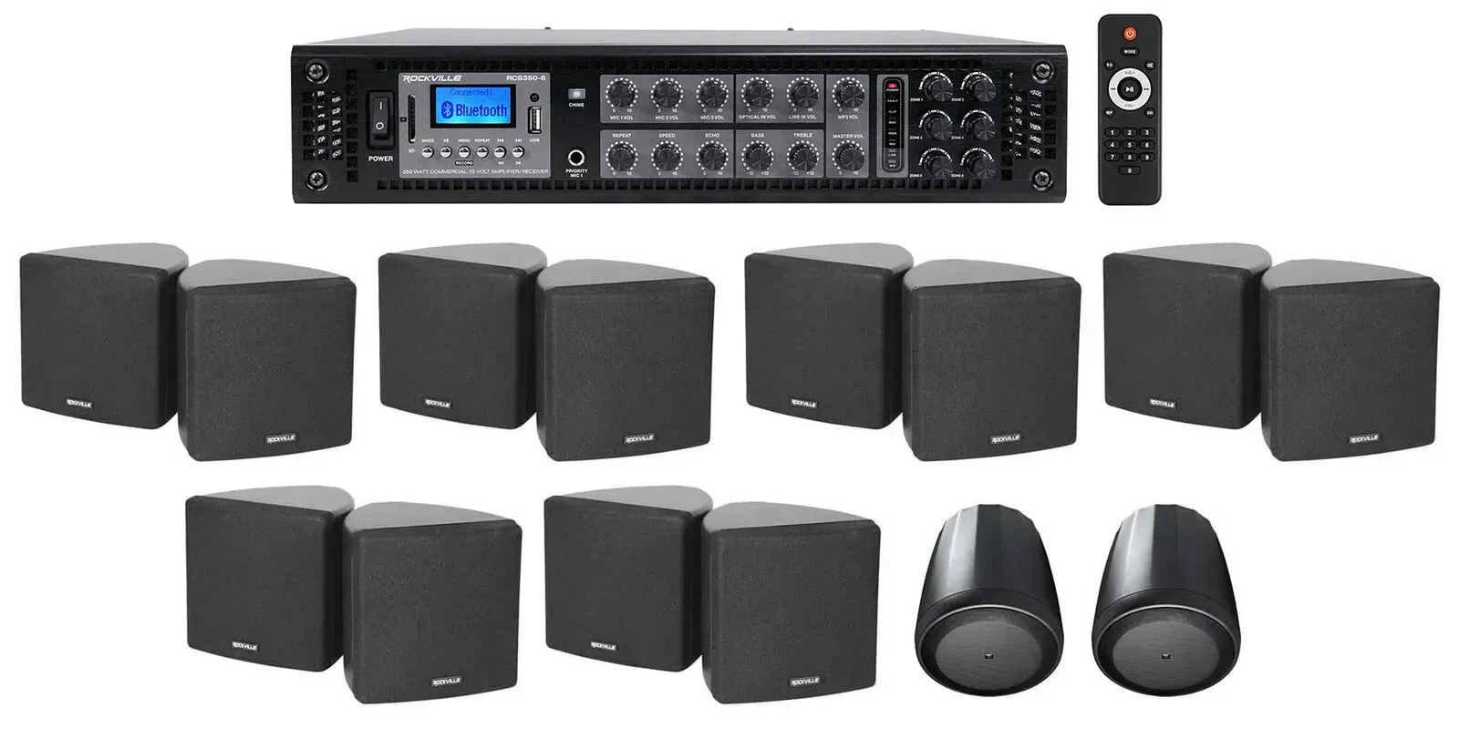 Трансляционный усилитель Rockville RCS350-6+(6) Cube 70v Bl+Control 65 P/T с комплектом акустики