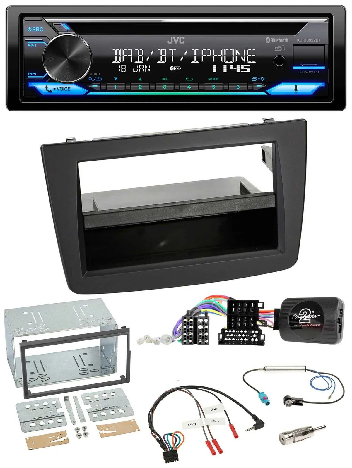 Автомагнитола для Alfa Romeo MiTo 2008–2014 JVC Bluetooth, USB, DAB, CD, черный