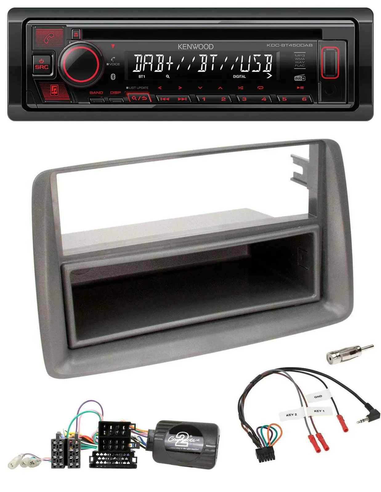 Kenwood Lenkrad CD USB Bluetooth DAB Autoradio für Fiat Panda 169 2007-2012 grau