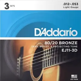 Струны для акустической гитары D'Addario EJ11-3D 12-53, бронза, 3 комплекта