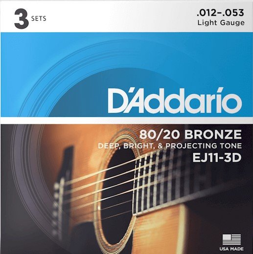 Струны для акустической гитары D'Addario EJ11-3D 12-53, бронза, 3 комплекта