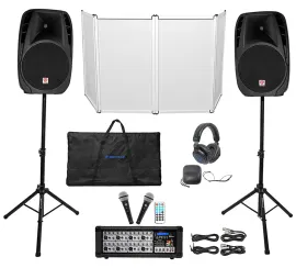 Rockville RPG2X15 Mixer/Amp+15" Bluetooth Speakers+Stands+Mics+Headphones+Facade