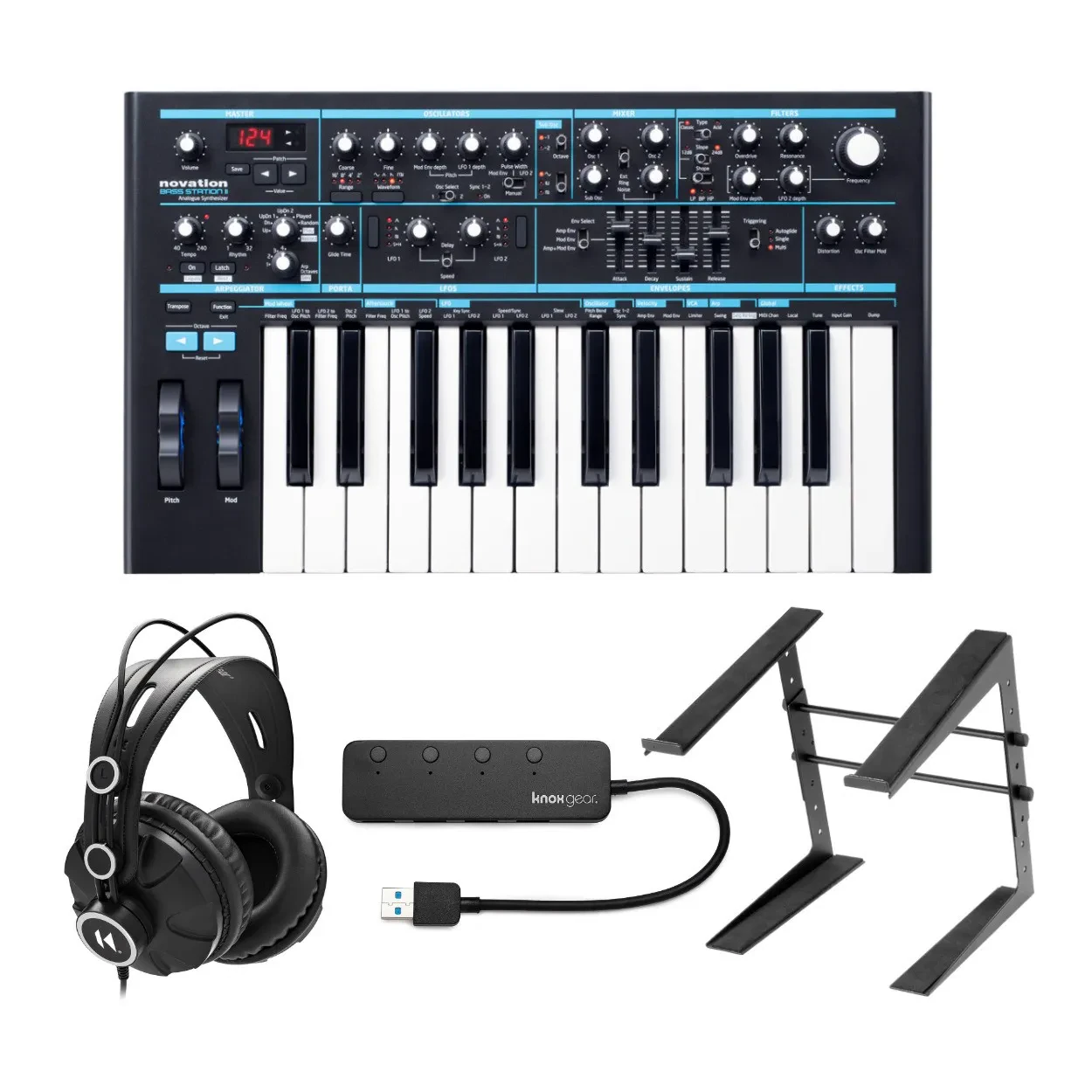 Novation Bass Station II with Headphones and Knox Gear 4-Port USB 3.0 Hub Bundle