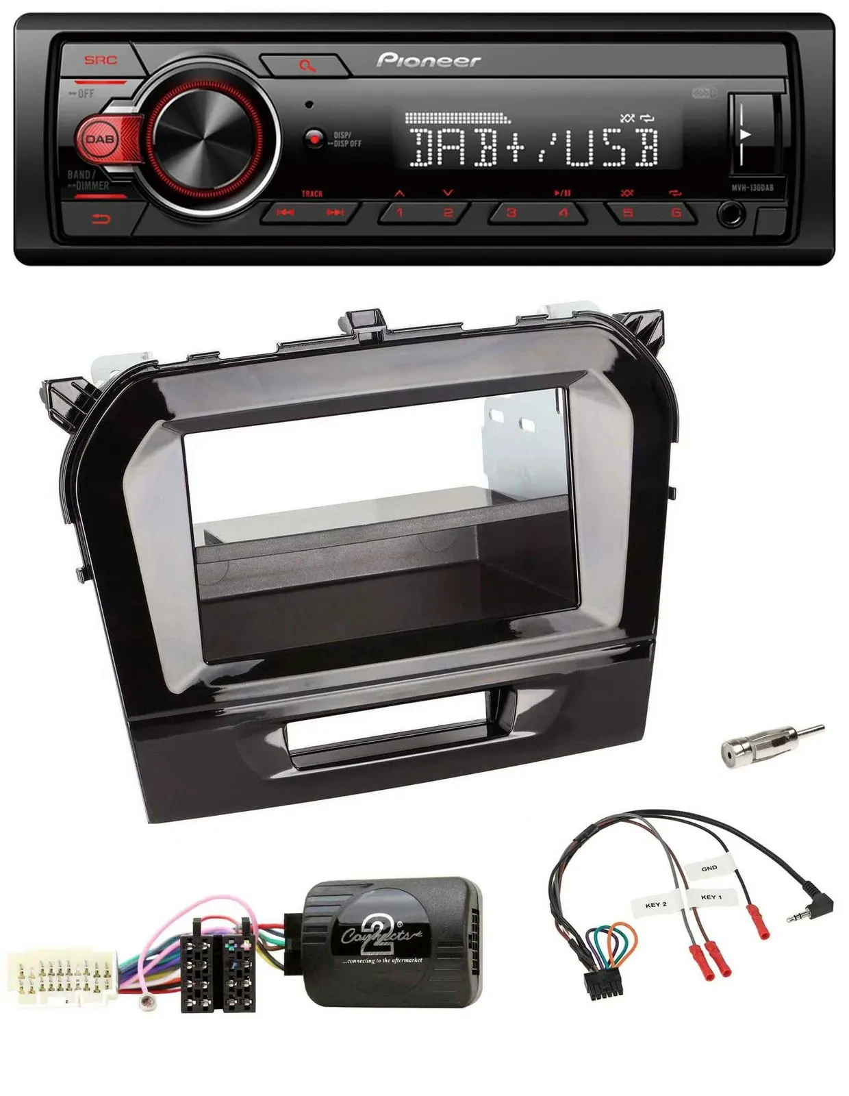 Автомагнитола для Suzuki Vitara (с 2015) Pioneer 1DIN DAB USB MP3, совместима с кнопками на руле, черный глянец