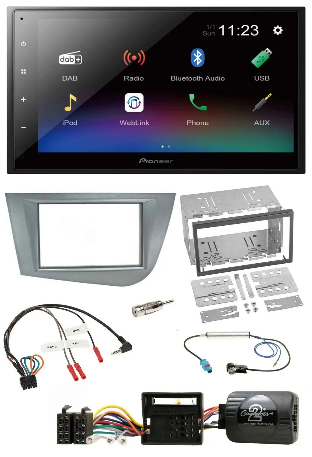 Автомагнитола для Seat Leon 2005–2012 Pioneer 2 DIN, USB, Bluetooth, DAB, серебристый, поддержка кнопок на руле