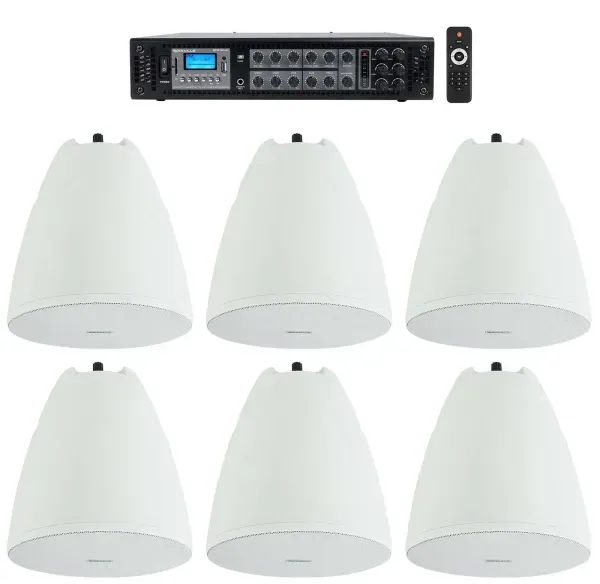 Rockville 6-Zone Commercial Amp+6 White Pendant Speakers For Restaurant/Bar/Cafe