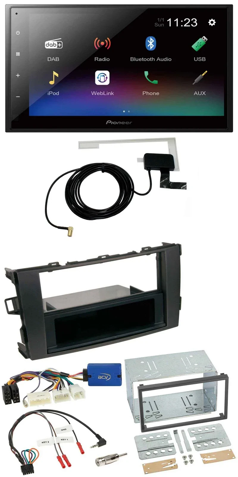 Автомагнитола для Toyota Auris 2011–2012 Pioneer 2DIN, DAB, Bluetooth, USB, черная, с поддержкой кнопок на руле