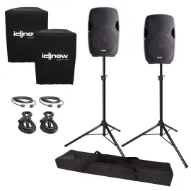 (2) Gemini AS-1500BLU 15" Active DJ PA Speakers + Stands + Covers + Cables