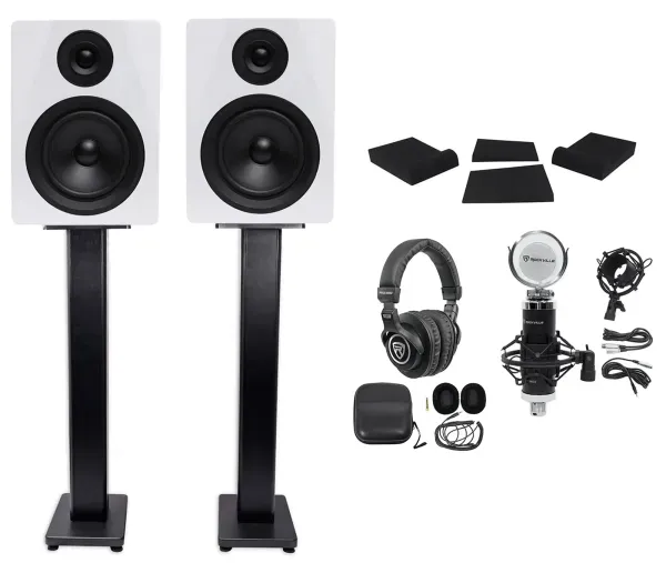 (2) Rockville DPM5W 5.25" 300w Dual Studio Monitors+36" Stands+Headphones+Mic