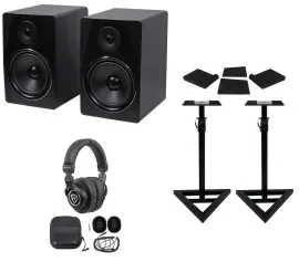 Pair Rockville APM8B 8" 500W Powered Studio Monitors+Stands+Pads+Headphones