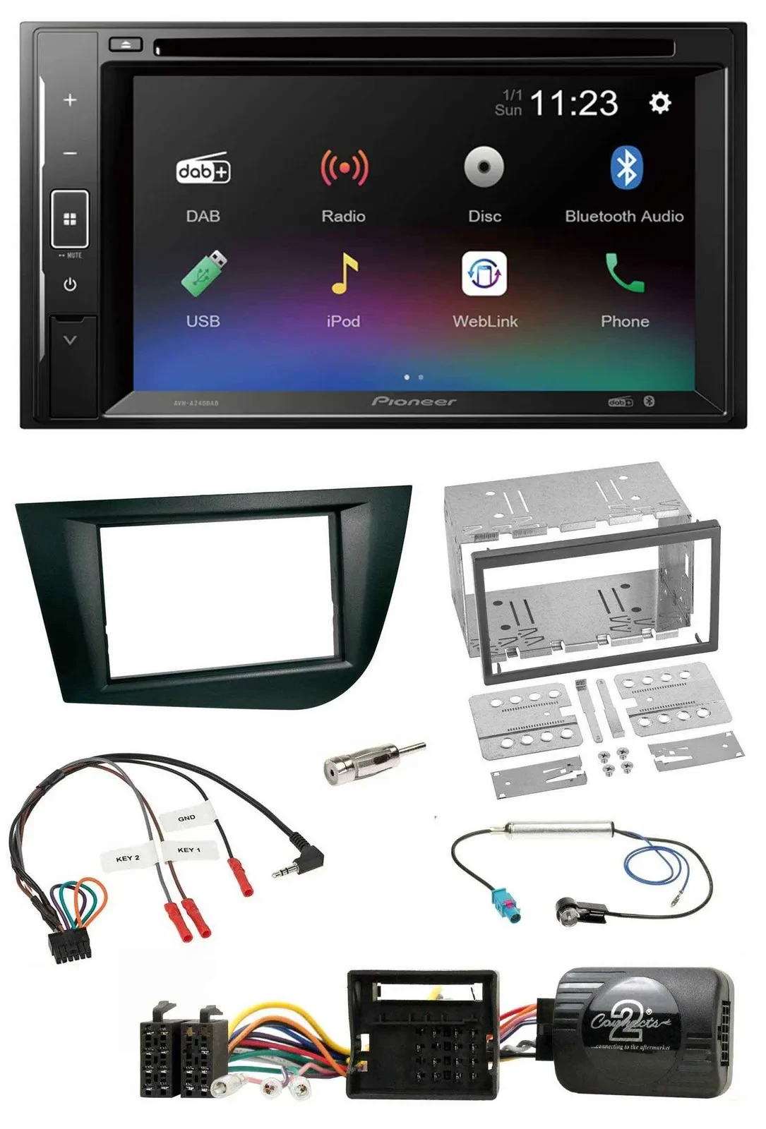 Автомагнитола Pioneer 2DIN, Bluetooth, USB, DAB, DVD, для Seat Leon 2005–2009, чёрная