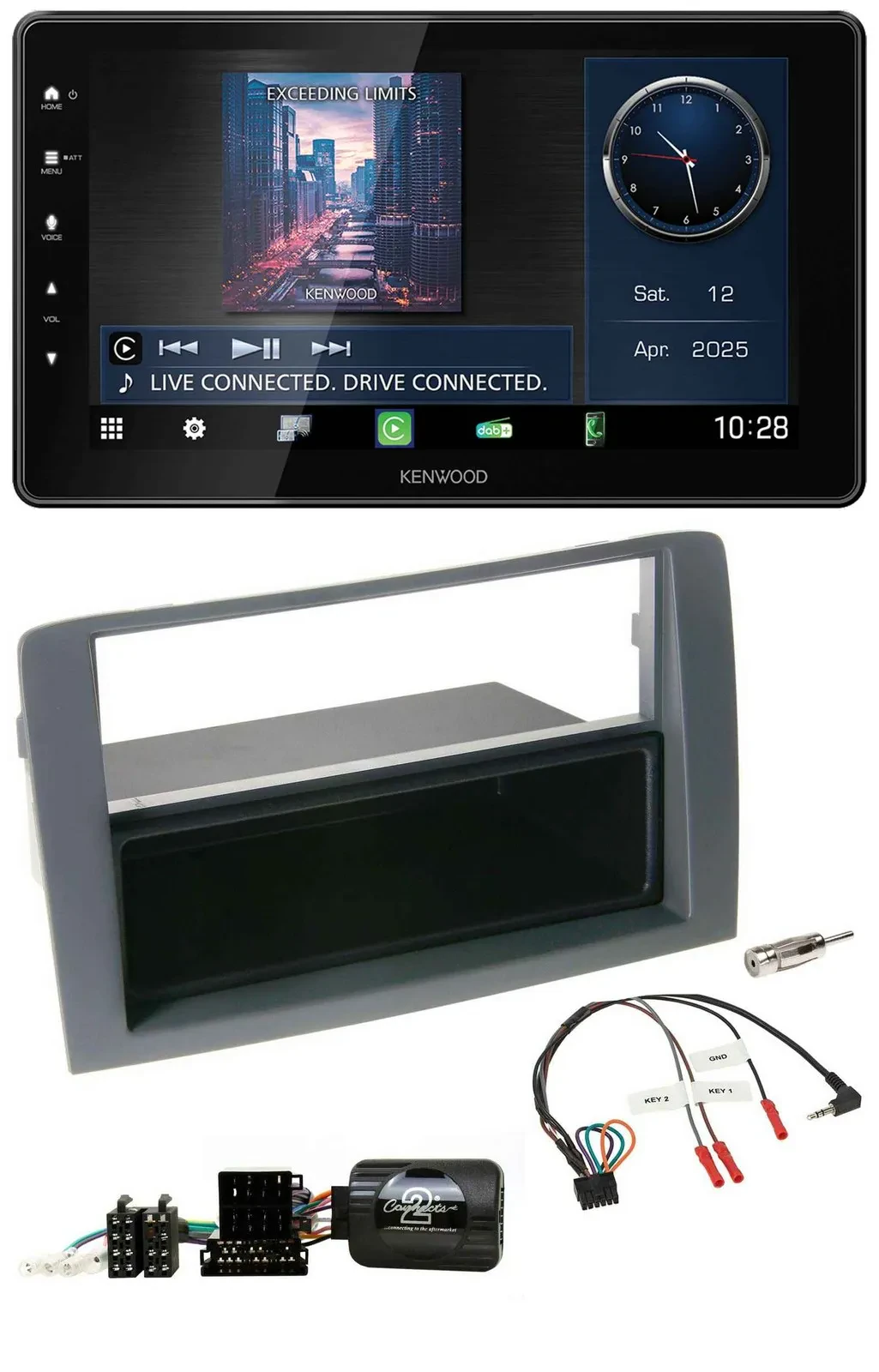 Автомагнитола Kenwood Bluetooth, USB, DAB для Fiat Idea (2006–2011), серый, с поддержкой кнопок на руле